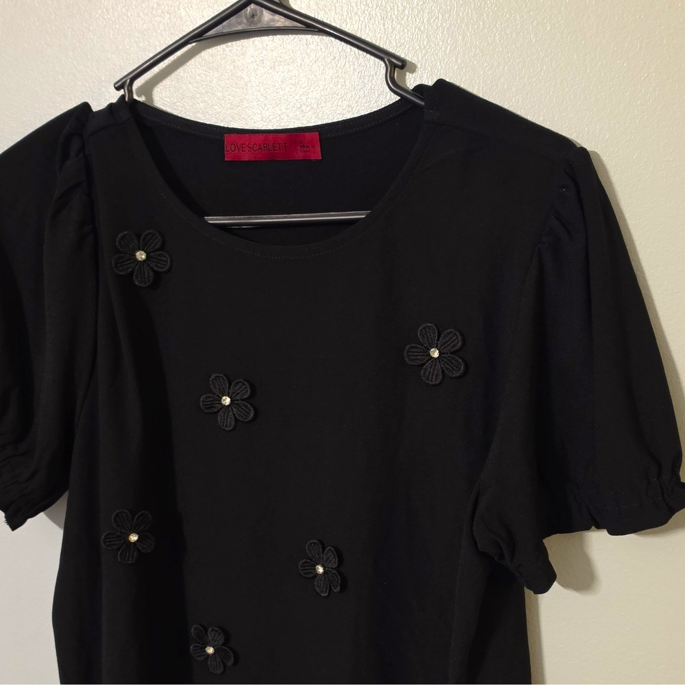 Love Scarlett Black Floral Embroidered Knit Puff Sleeve Round Neck Blouse S #305